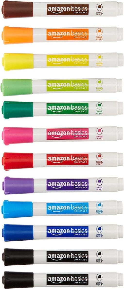 Amazon Basics Low-Odor Chisel Tip Dry Erase White Board Marker, Assorted Colors - Pack of 12 12 Pack