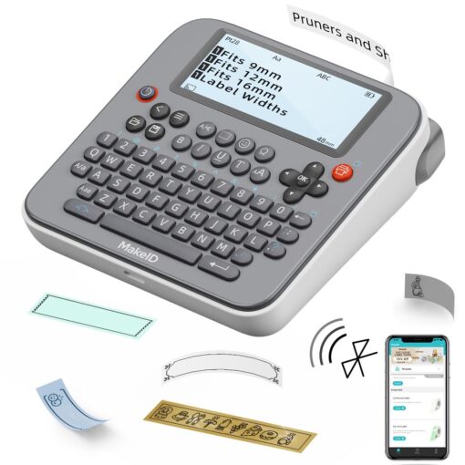 Makeid Label Maker E1 - Bluetooth Rechargeable Label Maker Machine - QWERTY Keyboard Labeler, 3.4" Backlighting LCD Screen - Prints 9~12mm & Label Margin <=1mm Black