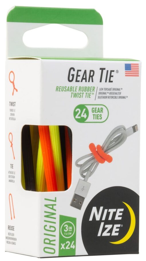 Nite Ize Original Gear Tie - 3-Inch Reusable Rubber Twist Tie - Reusable Gear Ties - Electric Cord Organizers - Twist Ties for Cords - Reusable Zip Ties - Assorted Colors, 3-Inch, 24 Pack Colors May Vary 3" - 24 Pack