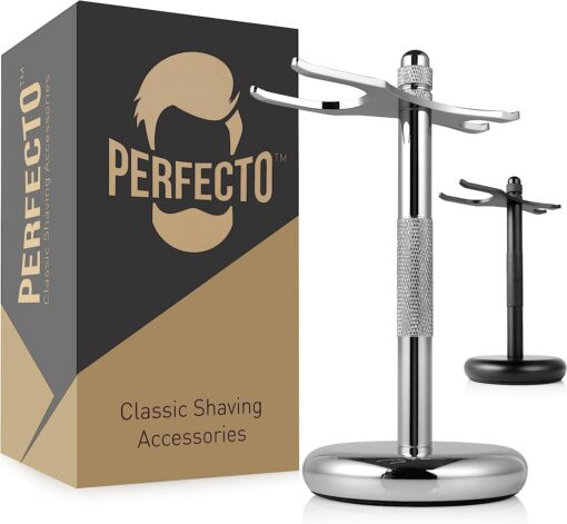 Perfecto Deluxe Chrome Razor and Brush Stand - The Best Safety Razor Stand. This Will Prolong The Life of Your Shaving Brush, metal