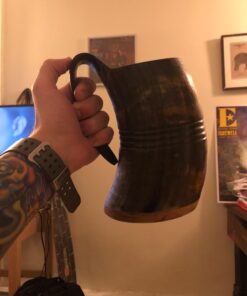 Norse Tradesman XL Viking Drinking Horn Mug - 100% Authentic Beer Horn Tankard With Hardwood Bottom & Ring Engravings | The Eternal, Low Polish, approx. 30 oz 42 61ezCz7VlDL 2
