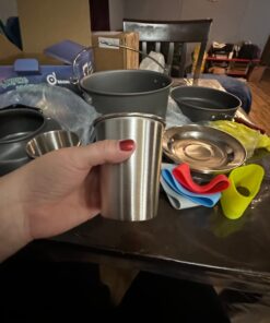 Odoland 22pcs Camping Cookware Mess Kit, Large Size Hanging Pot Pan Kettle with Base Cook Set for 4, Cups Dishes Forks Spoons Kit for Outdoor Camping Hiking Picnic 41 61fACZX9ZRL