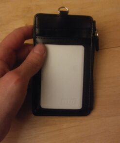 Badge Holder with Zipper, Wisdompro School Supply 2-Sided PU Leather College ID Badge Holder with 1 ID Window, 4 Card Holder Slots, 1 Side Pocket and 20 Inch Leather Neck Strap Lanyard -Vertical Black Vertical 48 61fCTEssFWL