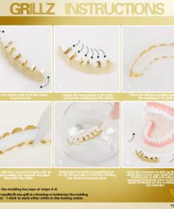 TSANLY Gold Grillz 6 Teeth Mouth 24K Plated Gold Top & Bottom Grills Caps Set for Son + Extra Molding Bars + Microfiber Cloth 16 61fLDKc9IuL