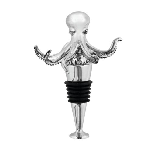 Twine Octopus Wine Bottle Stopper, Keep Wine Fresh, Fits Standard Bottles, Metal, Rubber Seal, Silver, Set of 1