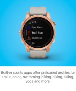 Garmin fenix 7S , Smaller sized adventure smartwatch, with Solar Charging Capabilities, Rugged outdoor watch with GPS, touchscreen, health and wellness features, rose gold with light sand band 7S Solar 12 61g9MQGoqyL