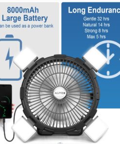 AGPTEK Rechargeable Outdoor Camping Fan - 8000mAh Battery Powered Tent Fan with LED Light & Hook, Portable for Picnics, BBQ, Fishing, Travel, Construction 15 61gFEo00k5L
