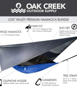 Oak Creek Lost Valley Camping Hammock. Bundle Includes Mosquito Net, Rain Fly, Tree Straps, Compression Sack. Weighs Four Pounds, Perfect for Camping. Lightweight Nylon Single Hammock. 29 61gQcXFW2L