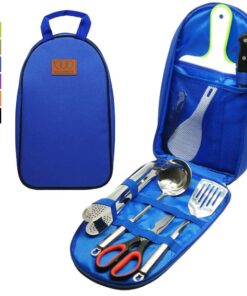 Gold Armour Camp Kitchen Utensil Organizer Travel Set Portable BBQ Camping Cookware Stainless Steel Utensils Travel Kit Outdoor Equipment Cutting Board Tongs Scissors Knife Ladle Spatula Blue 11 61gpaYw4lL