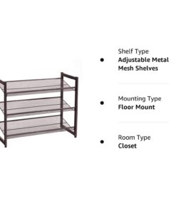 SONGMICS 3-Tier Shoe Rack Storage, Adjustable Metal Mesh Shoe Organizer Stand, Flat/Angled Stackable Shoe Rack Shelf for 9-12 Pairs, Shoe Tower for High Heels, Sneakers, Bronze, 12.1" x 29.1" x 24.7" 31 61gtU5OupxL