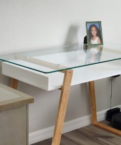 bonVIVO Massimo Small Desk - 43 Inch, Modern Computer Desk for Small Spaces, Living Room, Office and Bedroom - Study Table w/Glass Top and Shelf Space - White White/Glass 43" Desk 45 61h3PF8Ww4L