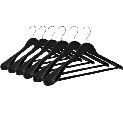 JS HANGER Wooden Suit Hangers, 6 Pack Extra-Wide Shoulder Wood Coat Hangers with Non Slip Pant Bar, Extra Smooth and Splinter Free Black Finish