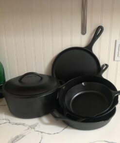 Lodge Seasoned Cast Iron 5 Piece Bundle. 10.5" Griddle, 8" Skillet, 10.25" Skillet, 10.25" Dutch Oven, and 10.25" Lid,Black 44 61h8x3RAWnL
