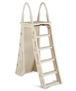 Confer Plastics 7200 Roll Guard 48" to 56" Adjustable A Frame Safety Ladder for Above Ground Outdoor Patio Swimming Pool Platform Ladder with Step Barrier, Warm Grey 33 61hL84cGYVL