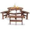 Giantex 6 Person Wooden Picnic Table Set with Wood Bench, with Umbrella Hold Design, Perfect for Outdoor Garden Yard Pub Beer Dining, Dark Brown 67"L×67" W×27.5"