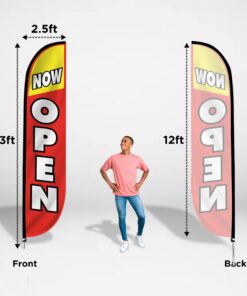 LookOurWay Feather Flag Set - 12 Feet Tall Advertising Flag Banner with Fiberglass Pole Kit and Rotating Ground Spike for Business Promotion - Grand Opening Theme - Now Open Red and Yellow Red/Yellow 13 61hdjIYzKsL