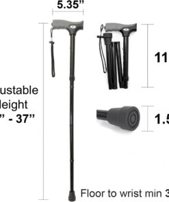 Vaunn Medical Easy Grip™ Height Adjustable Folding Cane/Walking Stick with Strap/Pouch- Compact, Portable, and Safe Walking Assistant- Non-Slip Grip Handle- Men, Women, Elderly, Disabled, Pregnant Black With Gray Handle 21 61hpfOgVf3L