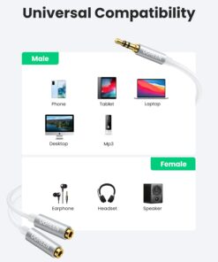 UGREEN Headphone Splitter 3.5mm Audio Stereo Y Splitter Extension Cable Male to Female Dual Headphone Jack Adapter for Earphone Headset Compatible with iPhone Samsung Tablet Laptop, White 17 61hyWa4 JaS