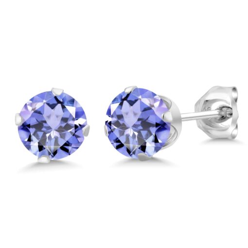 Gem Stone King 925 Sterling Silver Tanzanite Stud Earrings For Women (1.00 Cttw, Gemstone Birthstone, 5MM Round)