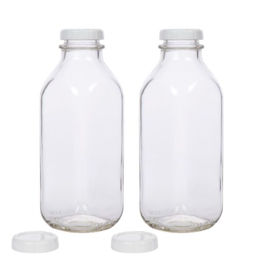 Radiant Day Co. Glass Milk Bottle with Extra Lids - Set of 2 - USA Made 33.8 Oz Jug - Thick Durable Milk Bottle Larger than 1 Quart 33.8 Oz.