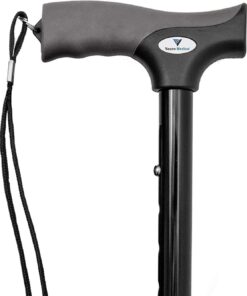 Vaunn Medical Easy Grip™ Height Adjustable Folding Cane/Walking Stick with Strap/Pouch- Compact, Portable, and Safe Walking Assistant- Non-Slip Grip Handle- Men, Women, Elderly, Disabled, Pregnant Black With Gray Handle 22 61iaRAkDhhL