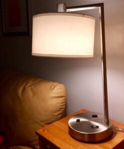 360 Lighting Colby Modern Desk Table Lamp with Hotel Style USB and AC Power Outlet in Base 21" High Brushed Nickel White Linen Drum Shade for Living Room Bedroom House Bedside Reading Home 36 61ic9CKOLwL