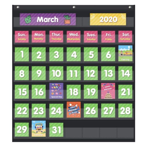 EAMAY Classroom Monthly Calendar Pocket Chart with 71 Cards for Kids Learning for Home,Homeschool Supplies and Classroom Must Haves!(Black) Black