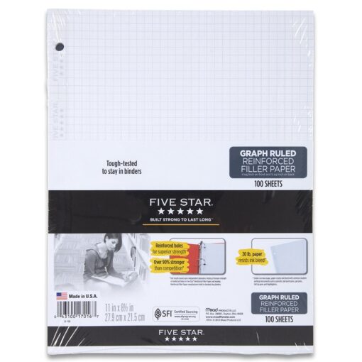 Five Star Filler Paper, Graph Ruled Paper, 100 Sheets/Pack, 11" x 8-1/2", Reinforced, Loose Leaf, White (17016) 1-Pack