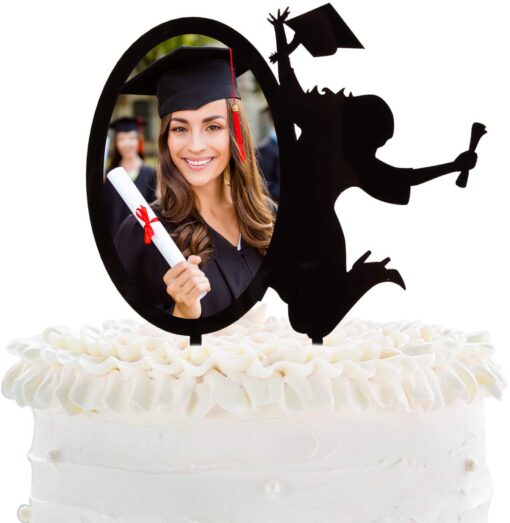 Congrats Grad 2023 Cake Toppers - Black Acrylic With Photo Frame Cake Topper - Class OF 2023 College Graduate Party Supplies - Chic Insert Silhouette A Girl Cheers To Graduate Decorations