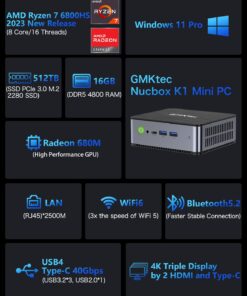 GMKtec K1 Mini Powerhouse Gaming Computer AMD Ryzen 7 6800H (8C/16T, 4.70Ghz), Mini Gaming PC 16GB DDR5+512GB M.2 2280 PCle SSD AMD Radeon 680M, Windows 11 Pro, WiFi 6, BT 5.2, DP, RJ45 2.5G AMD Ryzen 7 6800H 16GB+512GB 20 61jQwPomwNL