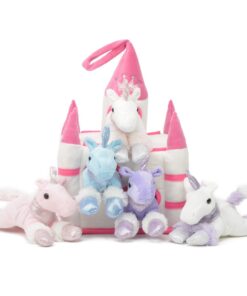 Plush Unicorn Castle with Animals - Five (5) Stuffed Animal Unicorns in Play Carrying Castle Case - White