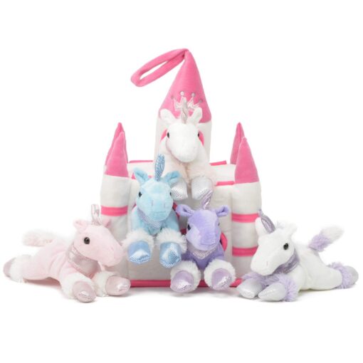 Plush Unicorn Castle with Animals - Five (5) Stuffed Animal Unicorns in Play Carrying Castle Case - White