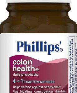 Phillips' Colon Health Daily Probiotic Capsules, 4-in-1 Symptom Defense to help defend against Occasional Gas, Bloating, Constipation, and Diarrhea, Daily Supplement, 60 Count 14 61jehgYZNL