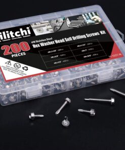 Hilitchi 410 Stainless Steel #8 Hex Washer Head Self Drilling Sheet Metal Tek Screws Assortment Kit Set with Drill Point, Self Driller, 200 Pieces 10 61jtC5tcN7L
