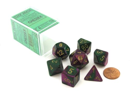 Chessex Polyhedral 7-Die Gemini Dice Set - Green & Purple with Gold CHX-26434