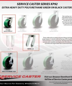 Extra Heavy Duty Kingpinless 6” x 3” Green Polyurethane Tread on Metal Core Caster Set - 2 Swivel with Brakes/2 Swivel - 8,000 lbs. Total Capacity - Service Caster Brand - Set of 4 6" Wheel 4 Swivel w/2 Side Lock Brakes 10 61kVRpxj5L