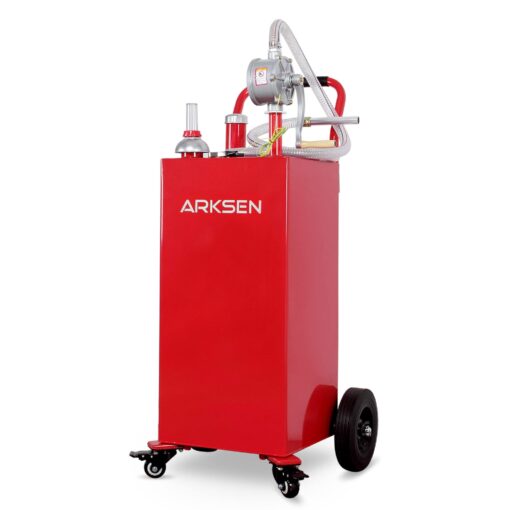 Arksen 35 Gallon Portable Gas Caddy Fuel Storage Tank Large Gasoline Diesel Can Hand Siphon Pump Rolling Flat-Free Solid Rubber Wheels Boat ATV Car Motorcycle Red