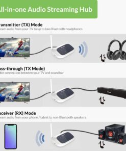 Avantree Oasis B Bluetooth 5.0 Transmitter Receiver for TV, Home Stereo Speakers, Bypass Mode, Class 1 Long Range, LED Indicator, Optical AUX RCA, aptX Low Latency Audio Adapter for 2 Headphones Gray 15 61kYkposgcL