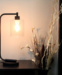 Simple Designs LD1036-BLK Bronson Antique Style Industrial Iron Lantern Desk Bedside Glass Shade Table Lamp, Black No Bulb 22 61kz7tItgyL