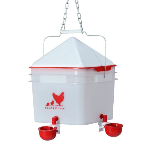 RentACoop 2 Gallon BPA-Free Plastic Chicken Waterer with 2 Auto-Fill Cups, Anti-Roost Cone and Hanging Chain - Corner Placement