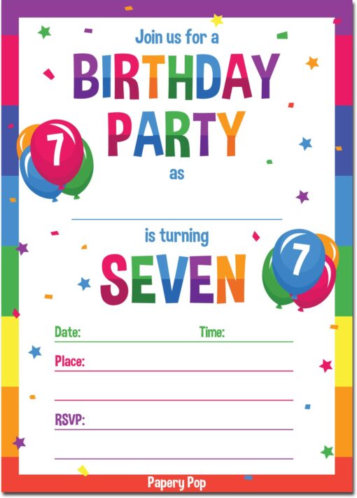 Papery Pop 7th Birthday Party Invitations with Envelopes (15 Count) - 7 Year Old Kids Birthday Invitations for Boys or Girls - Rainbow