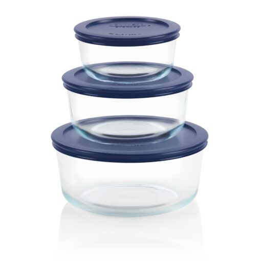 Pyrex Simply Store 6-Pc Glass Food Storage Container Set with Lid, 7-Cup, 4-Cup, & 2-Cup Round , BPA-Free Lid, Dishwasher, Microwave and Freezer Safe , Blue 6 PIECE Medium