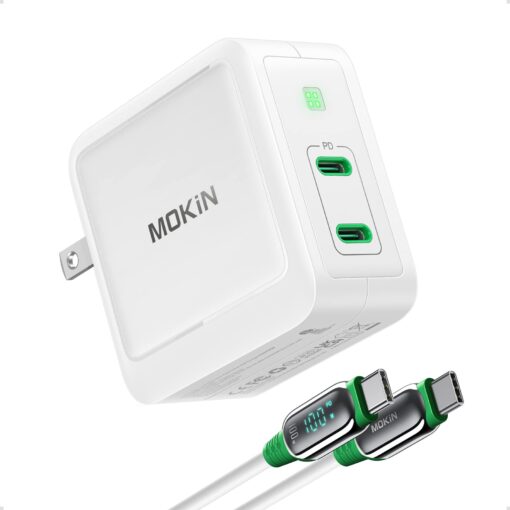 100W USB C Charger Block, MOKiN GaN III 2-Port Type C Wall Charger Foldable Power Adapter, USB C Power Adapter, for MacBook Pro/Air, iPhone 14 Pro Max, iPad, Google Pixelbook, and More White