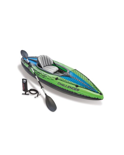 INTEX Challenger Inflatable Kayak Series: Includes Deluxe 86in Aluminum Oar and High-Output Pump – SuperStrong PVC – Adjustable Seat with Backrest – Removable Skeg – Cargo Storage Net green/blue 1-Person