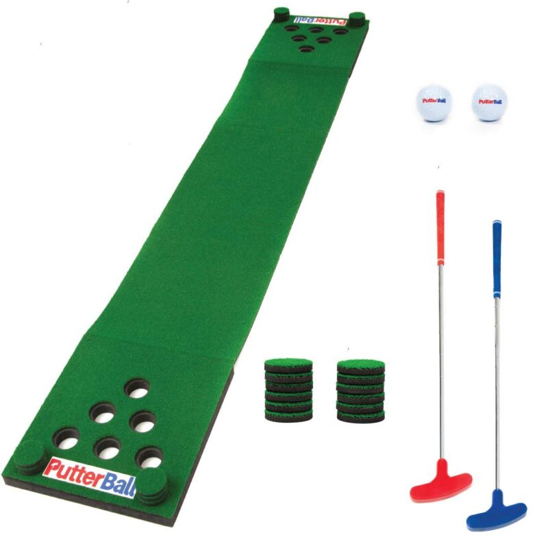 Catalog 8 PutterBall Golf Pong Game Set The Original - Includes 2 Putters, 2 Golf Balls, Green Putting Pong Golf Mat & Golf Hole Covers - Best Backyard Party Golf Game Set