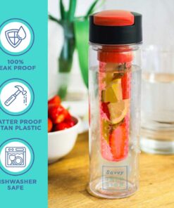 Savvy Infusion Flip Top Fruit Infuser Water Bottle - Unique Leak Proof Lid for Hikes, Outdoors - Dishwasher Safe Made with Tritan Shatter Proof Plastic - Great Gifts for Women - 24 Ounces Coral 9 61lw5g0XDBL