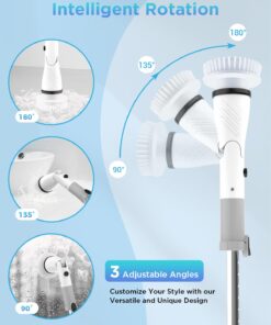 Electric Spin Scrubber, Cordless Power Brush Floor Scrubber with Adjustable Extension Arm and 4 Replaceable Bathroom Cleaning Brush Heads, Ideal for Tub, Tile, and Floor Cleaning White 27 61m2FTY48wL