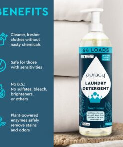 Puracy Liquid Laundry Detergent Refill - Natural, Scent-Free Gentle Liquid Concentrate Laundry Pouch with Stain Fighting Enzymes - (Fresh Linen, 16 fl oz, 64 Loads) Fresh Linen 16 Fl Oz (Pack of 1) 13 61m3Zz33wFL
