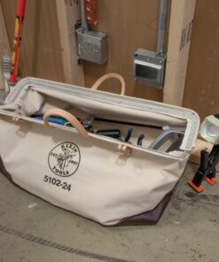 Klein Tools 5102-24 Heavy Duty Natural Canvas Tool Bag, Tool Tote, Multi-Purpose Bag with Wide Hinged Opening and Leather Handles, 24-Inch 17 61mGKwAF3iL