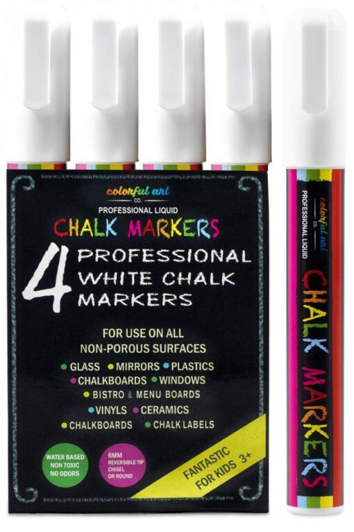 Colorful Art Co. Chalk Markers, Chalkboard Markers with Reversible 7mm Fine or Chisel Tip, Erasable Liquid Chalk Markers for Menu Board, Glass, Blackboard, Window, Signs, Bistro, Car - 4 Pack white